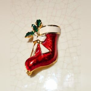 Vintage cream red Christmas Stocking w/garland and bow brooch